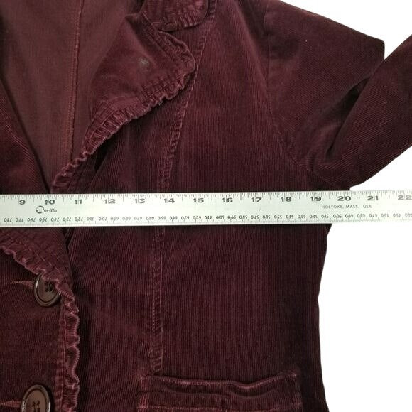 SASHIMI Women's Corduroy Blazer Jacket L Burgundy Ruffle Trimmed Pockets Y2K - Picture 7 of 10